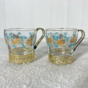 Vintage Libbey David Douglas Turquoise & 22k Gold Pinecone Glass Coffee Cups x2